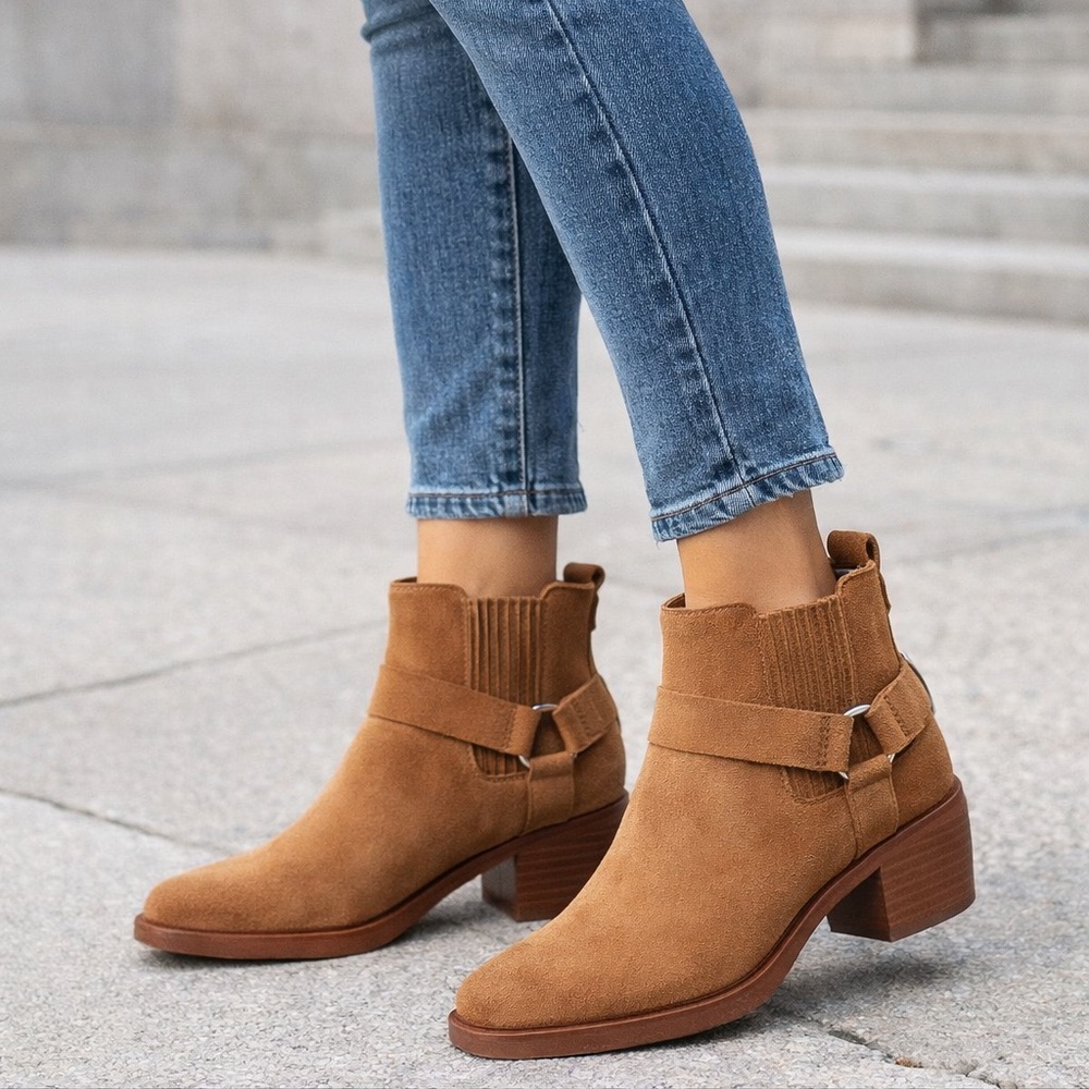 Sam Edelman Bellamie Camel Suede Ankle Booties Block Heel Women’s 8